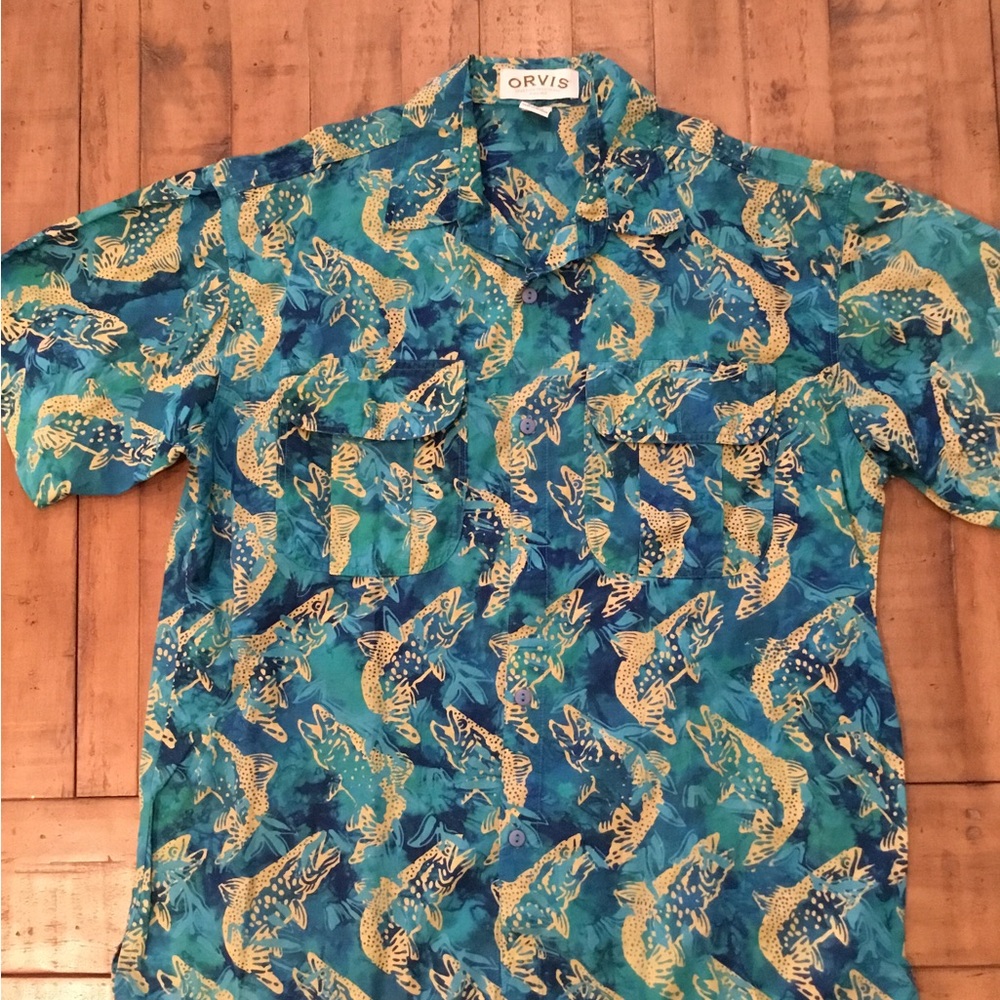 Orvis Blue Teal Fish-Print Short-Sleeve Button-Down Shirt